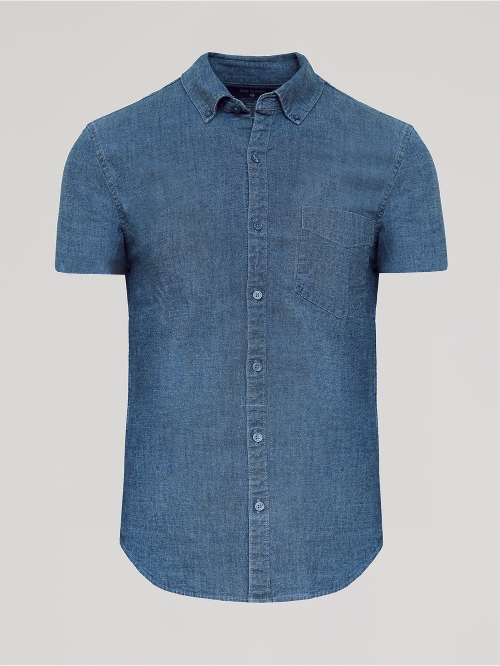 True Classic Chambray Short Sleeve Shirt in Light Indigo Wash Blue Size: XL